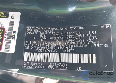 2007 Toyota Tundra Sr5 4.7L V8 z USA, uszkodzony, nr VIN 5TFRT54167X010337
